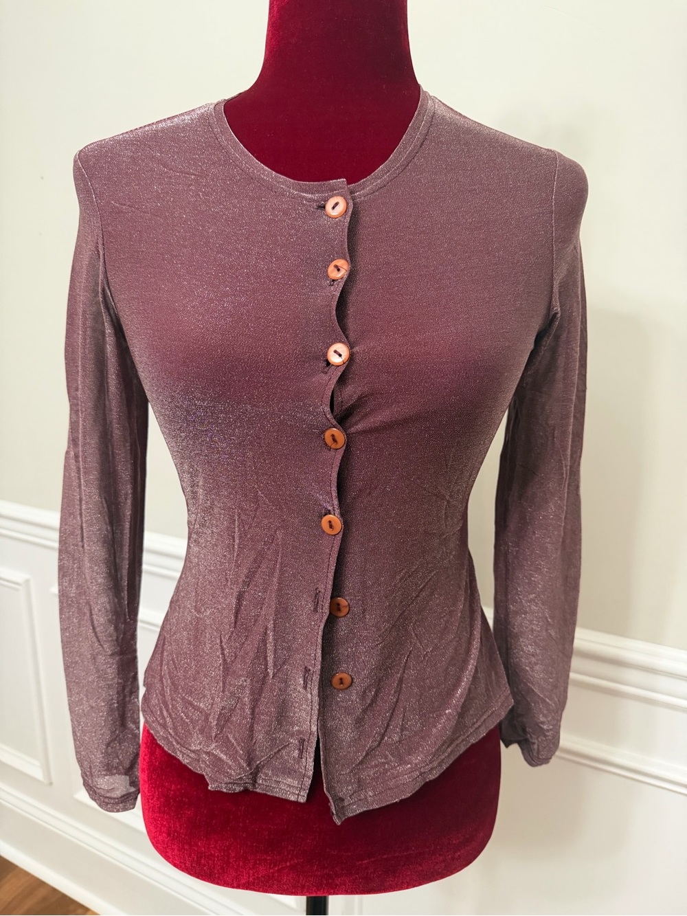 Long Sleeve Shimmery Plum Button-Front Top XS